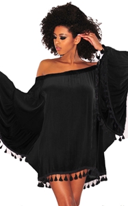 BY220318-2 Black Off Shoulder Black Tassel Trim Dress